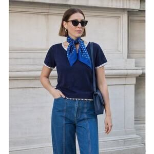 Vintage Miss V by Valentino Italian Cotton Knit Tee Navy Crochet Trim Made Italy